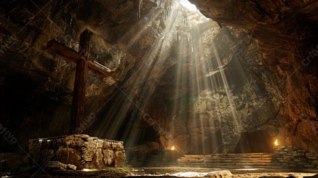 Cruz de madeira em gruta iluminada
