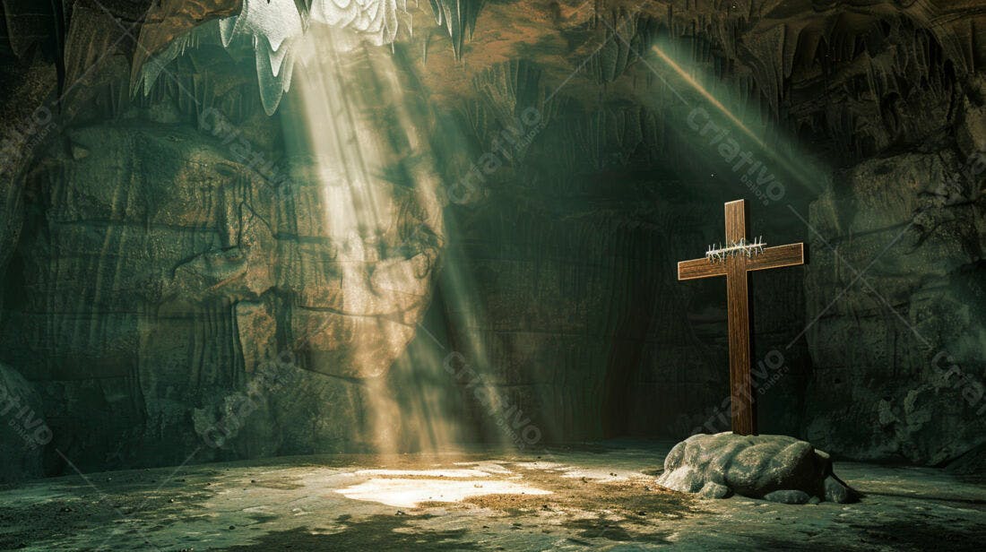 Cruz de madeira em caverna escura