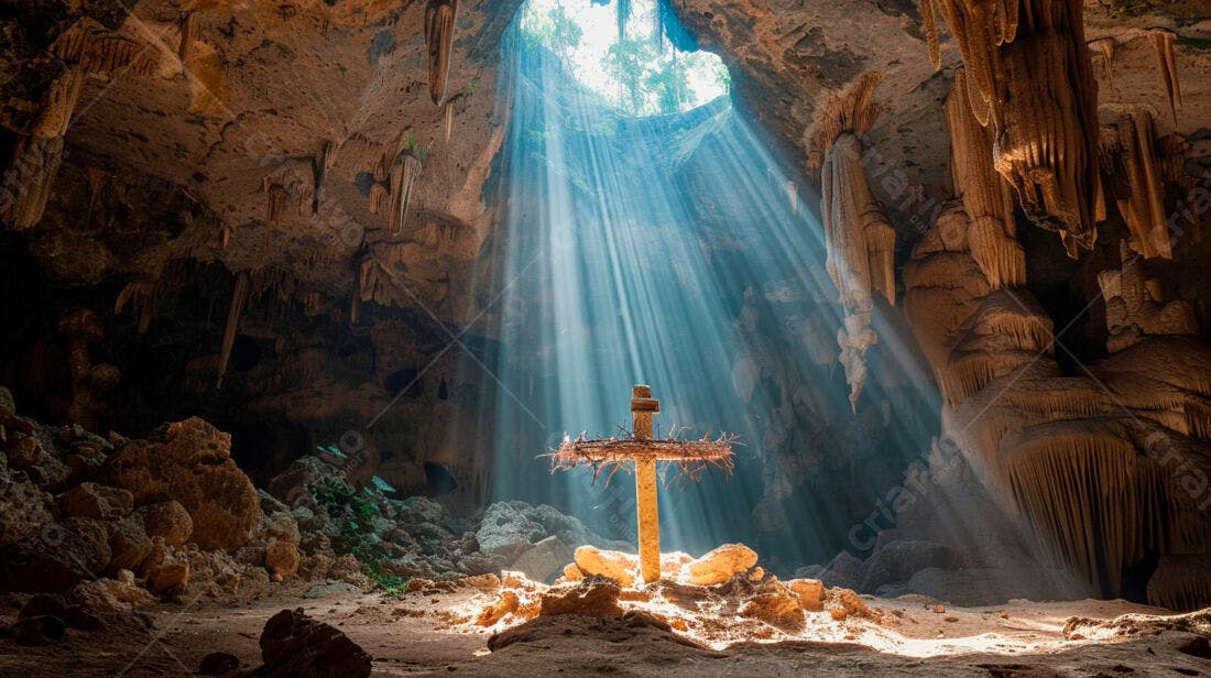 Cruz em Gruta Iluminada Raios Sol