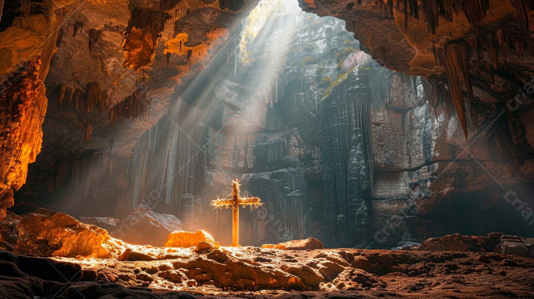 Cruz em caverna iluminada pelo sol