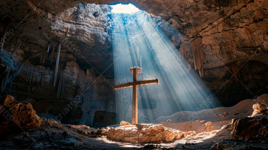 Cruz de madeira em caverna iluminada