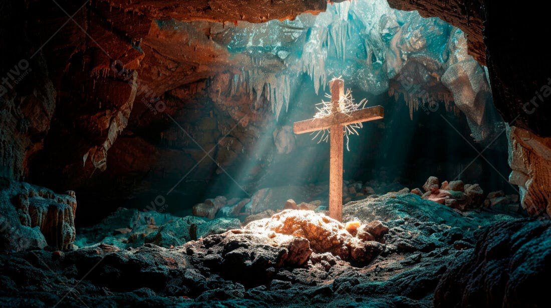 Cruz em Gruta com Raios de Luz
