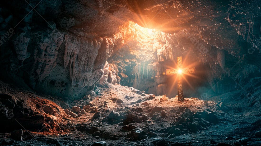 Cruz iluminada em caverna escura