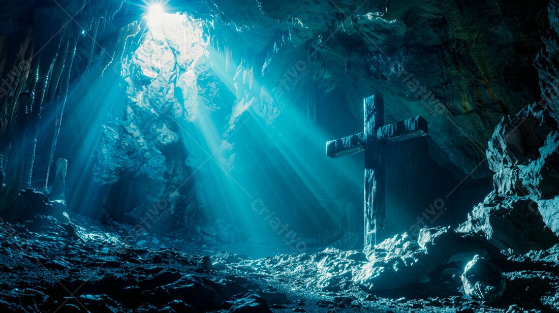 Cruz de madeira em caverna escura iluminada