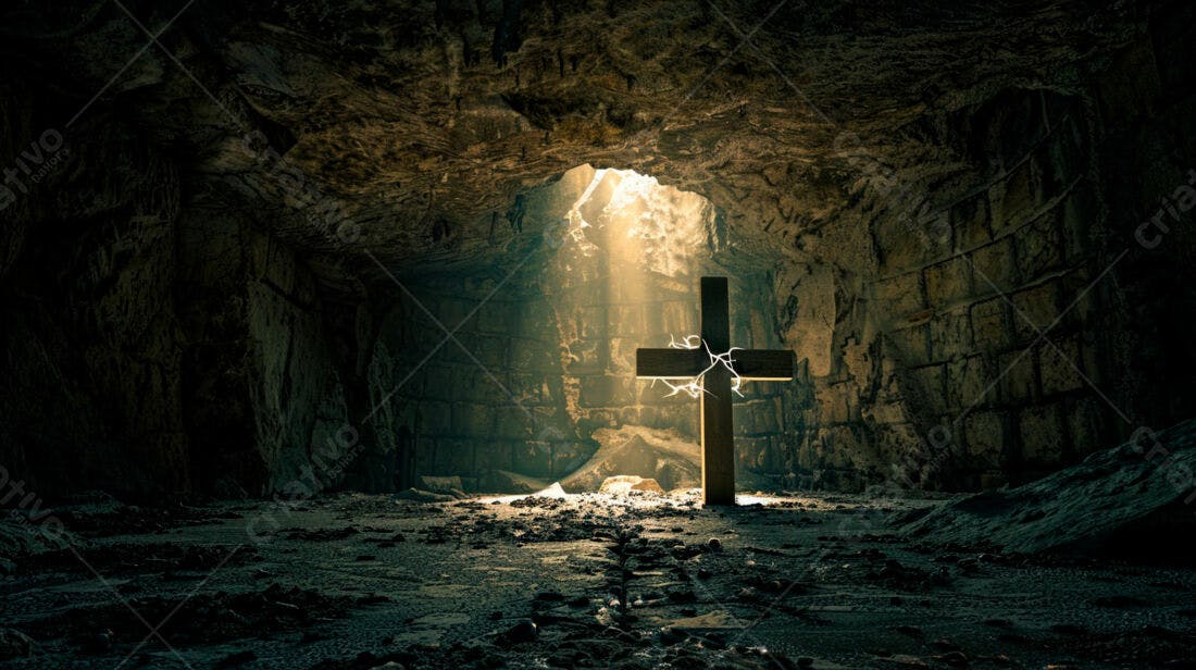 Cruz de madeira em caverna escura