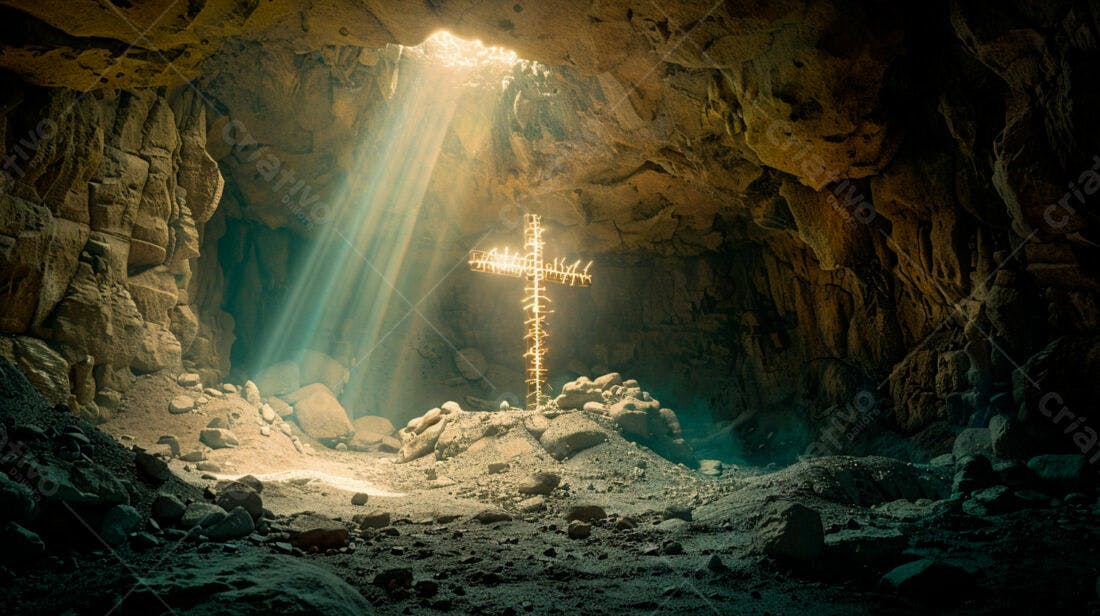Cruz em Gruta iluminada por Raios de Luz