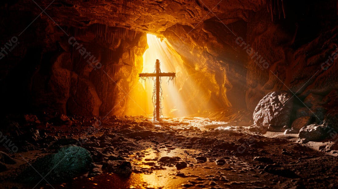 Cruz de madeira em caverna iluminada