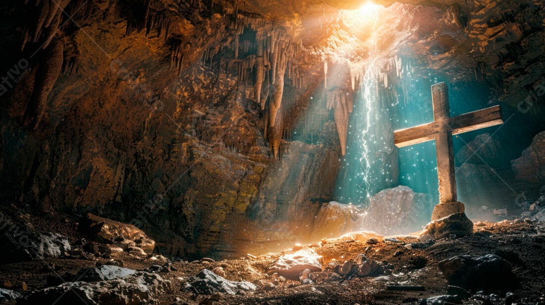Cruz de madeira em caverna escura com luz divina
