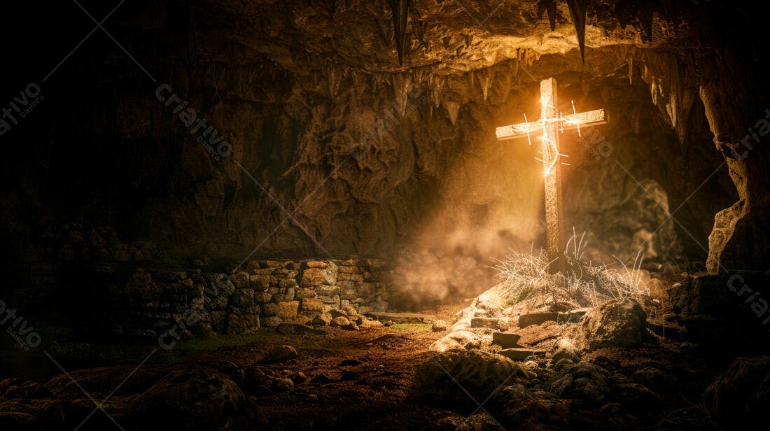 Cruz iluminada em caverna escura