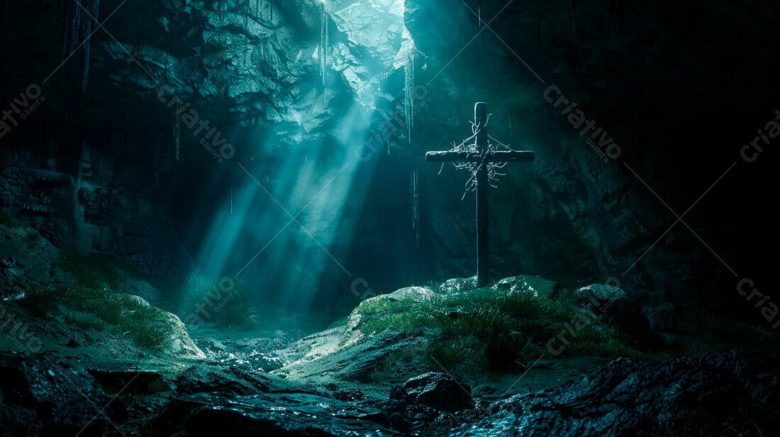Cruz em caverna escura com luz azulada