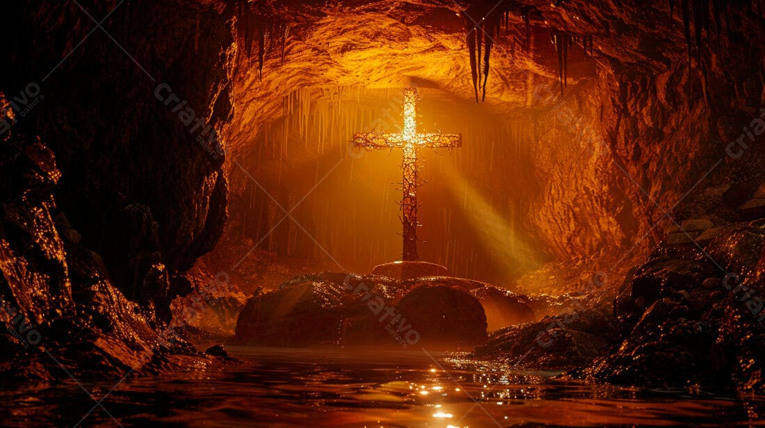 Cruz de espinhos em caverna iluminada