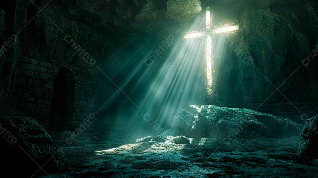 Cruz iluminada em caverna escura