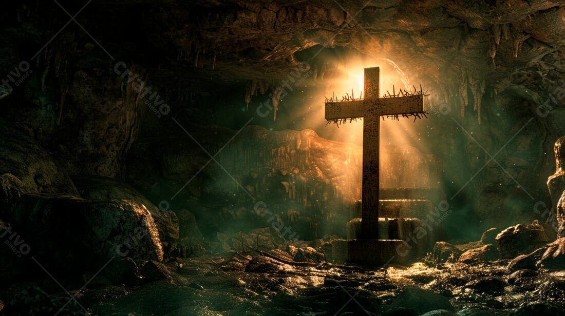 Cruz de madeira em caverna escura