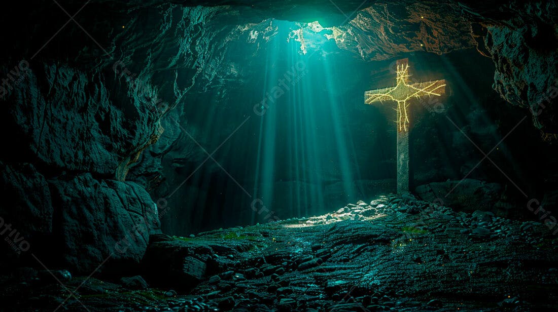 Cruz iluminada em caverna escura