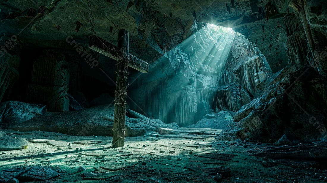 Cruz de madeira em caverna escura com luz