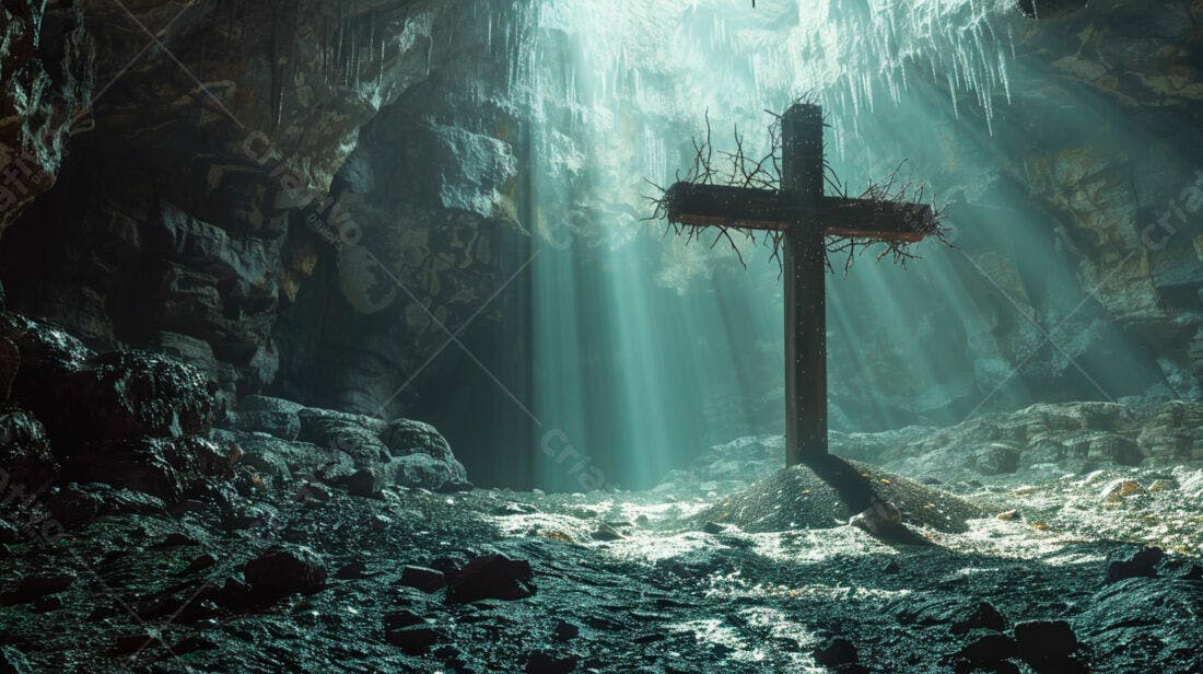 Cruz de madeira em gruta iluminada