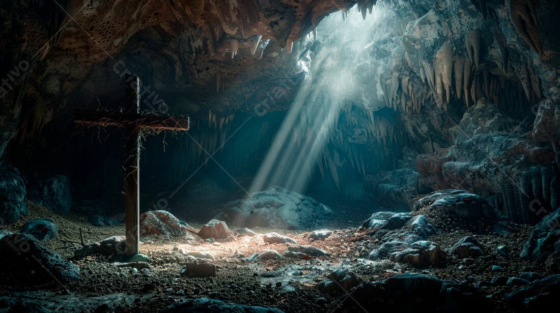 Cruz de madeira em caverna escura
