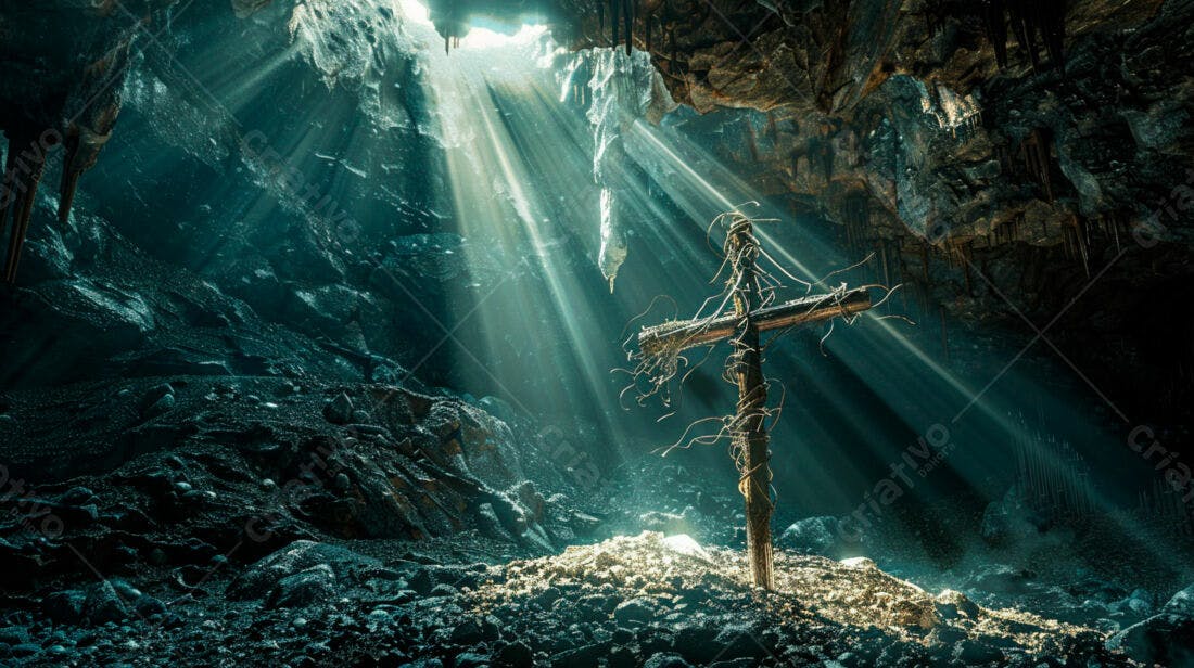 Cruz de madeira em caverna escura