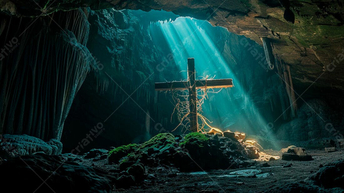 Cruz de madeira em caverna escura