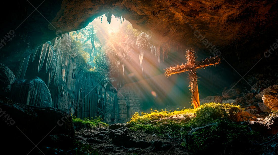 Cruz em Gruta Iluminada Raios Sol