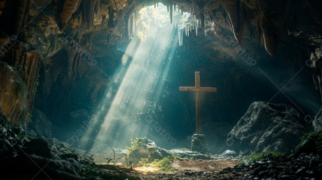 Cruz em Gruta com Raios de Luz