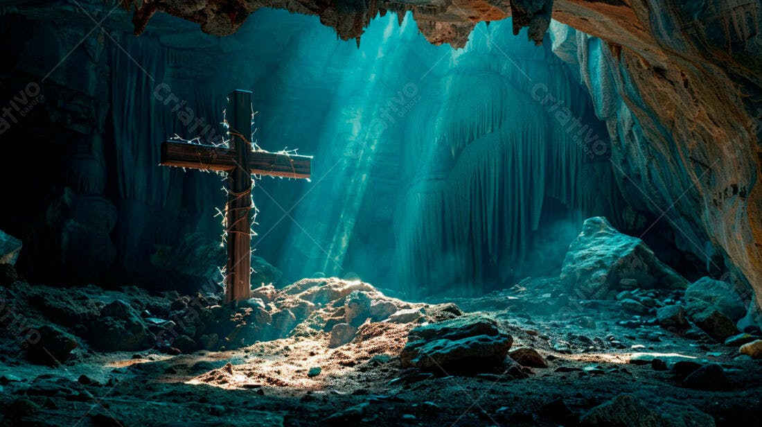 Cruz de madeira em gruta iluminada