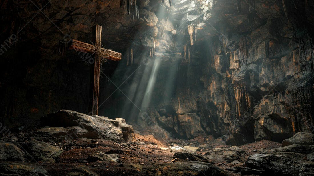Cruz de madeira em caverna escura com luz divina
