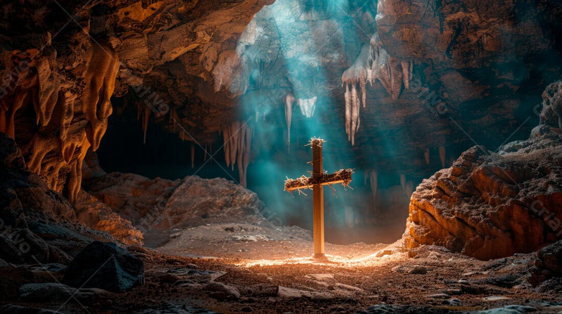 Cruz de madeira em caverna escura