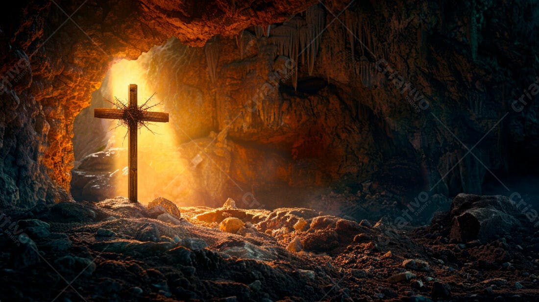 Cruz em caverna iluminada por luz dourada