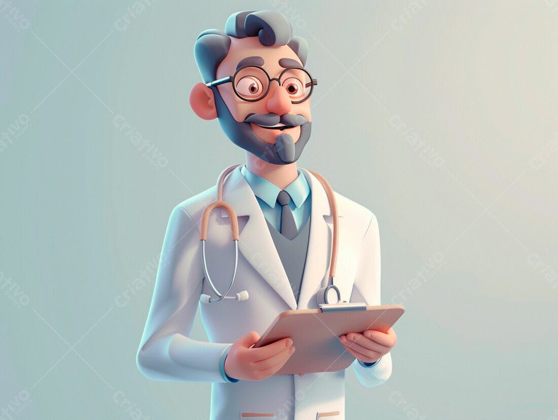 Médico alegre com prancheta ilustração 3D