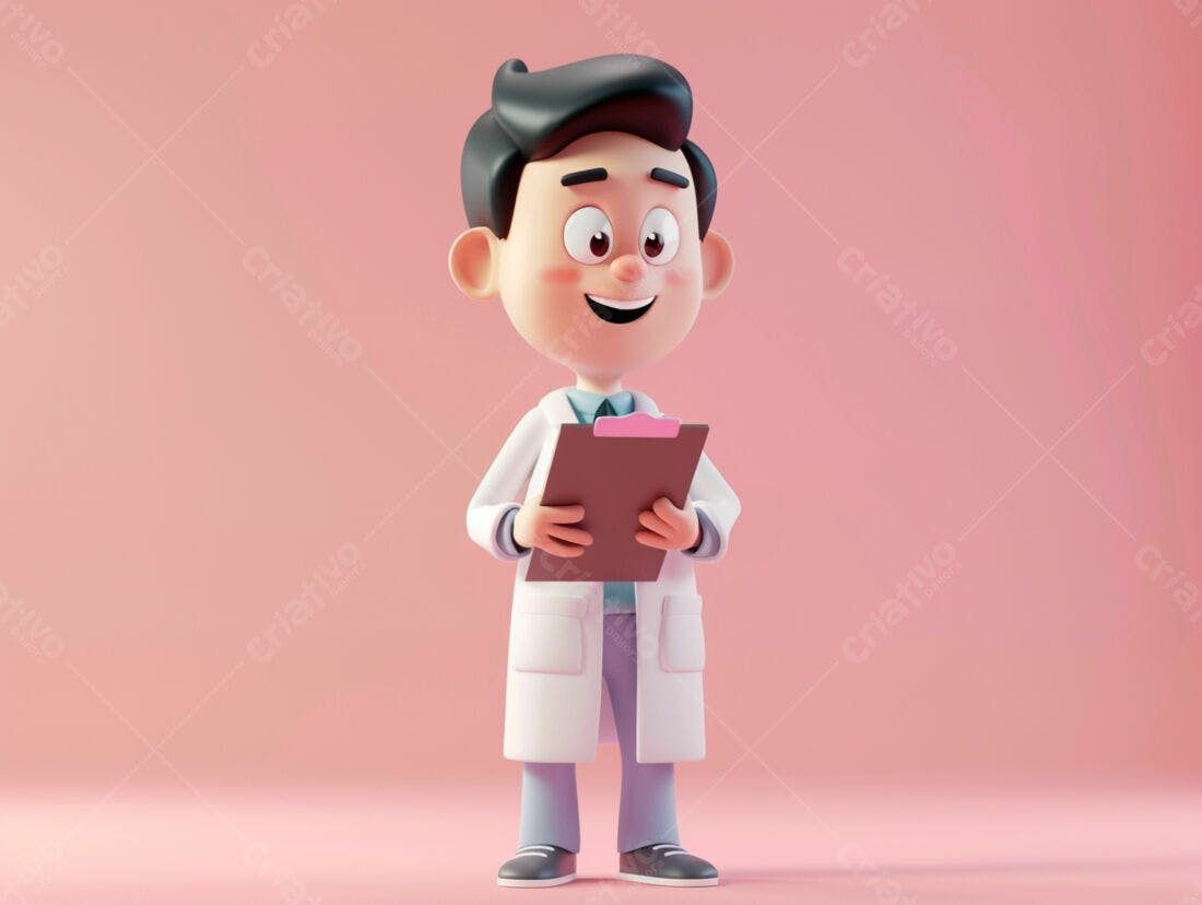 Médico desenho animado com prancheta rosa