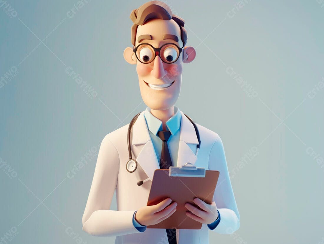Médico de desenho animado com prancheta
