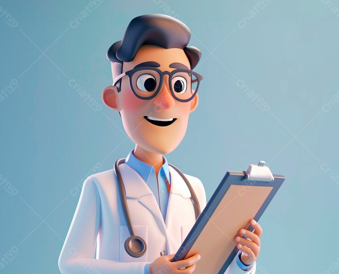 Médico de desenho animado com prancheta