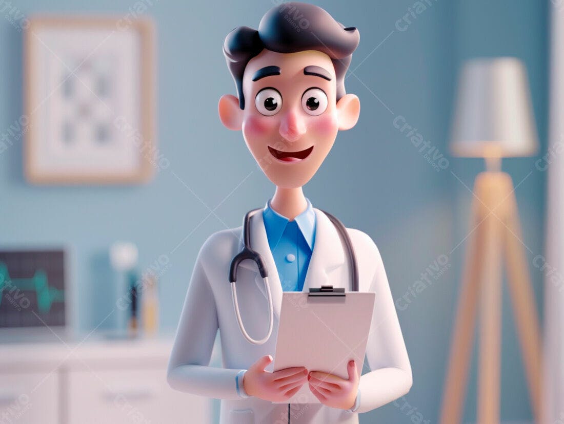 Médico animado com prancheta em consultório