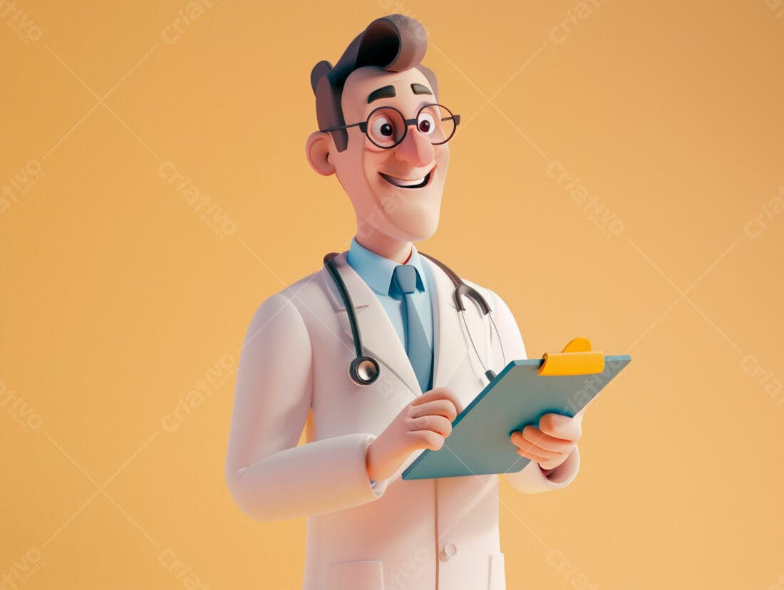 Médico cartum alegre com prancheta
