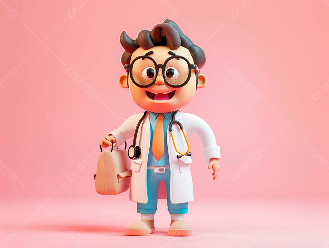 Médico Cartoon segurando bolsa rosa