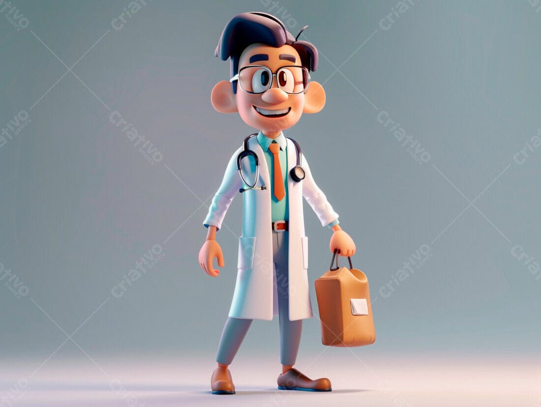 Médico 3D sorrindo com maleta