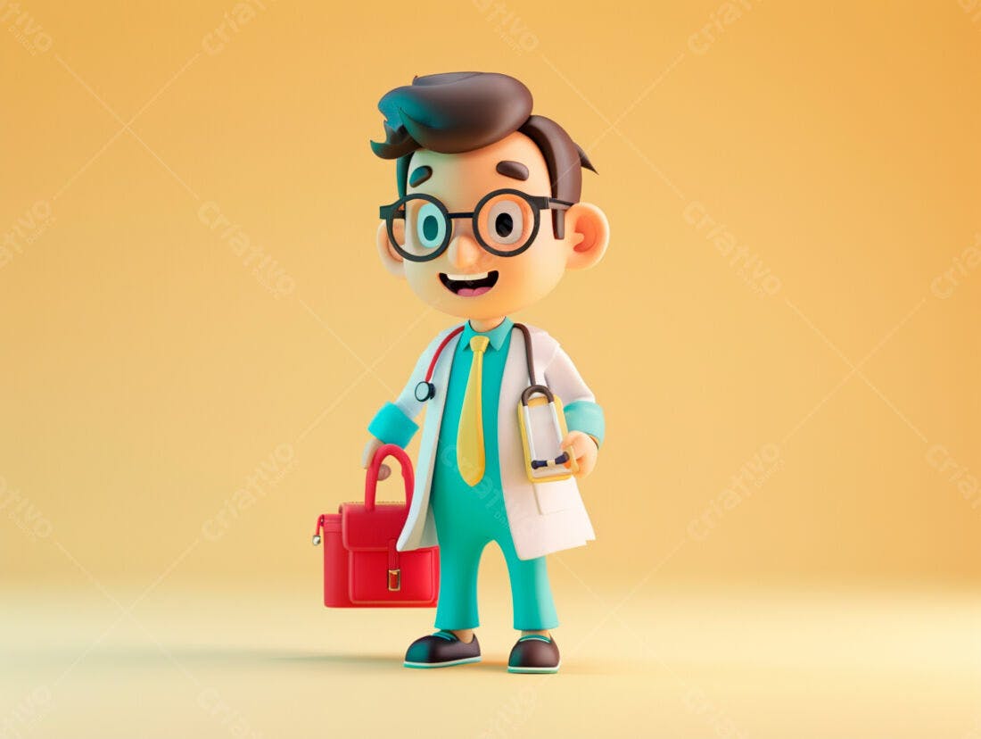Médico Cartoon segurando prancheta e maleta