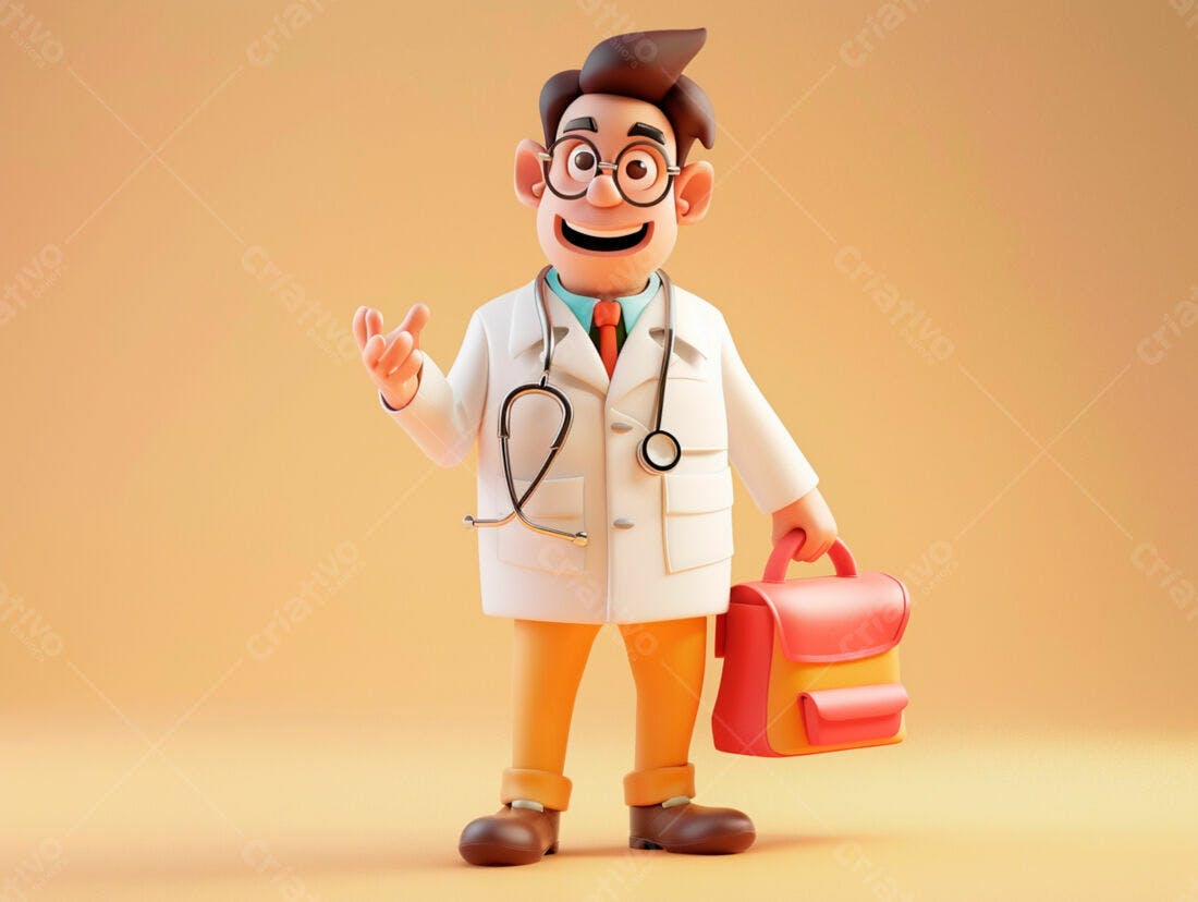 Médico 3D alegre com maleta
