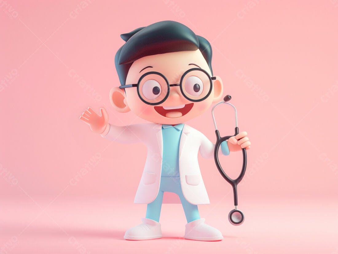 Médico Cartoon segurando estetoscópio fundo rosa