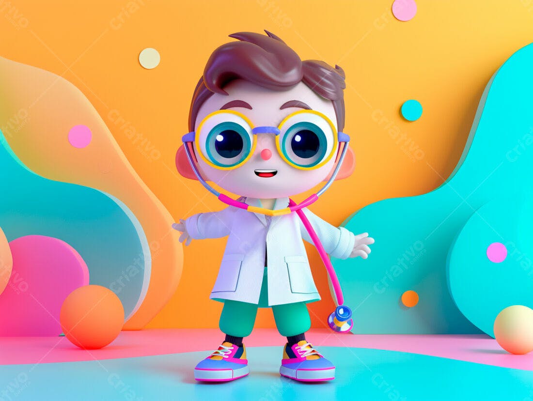 Menino médico 3D em cenário vibrante
