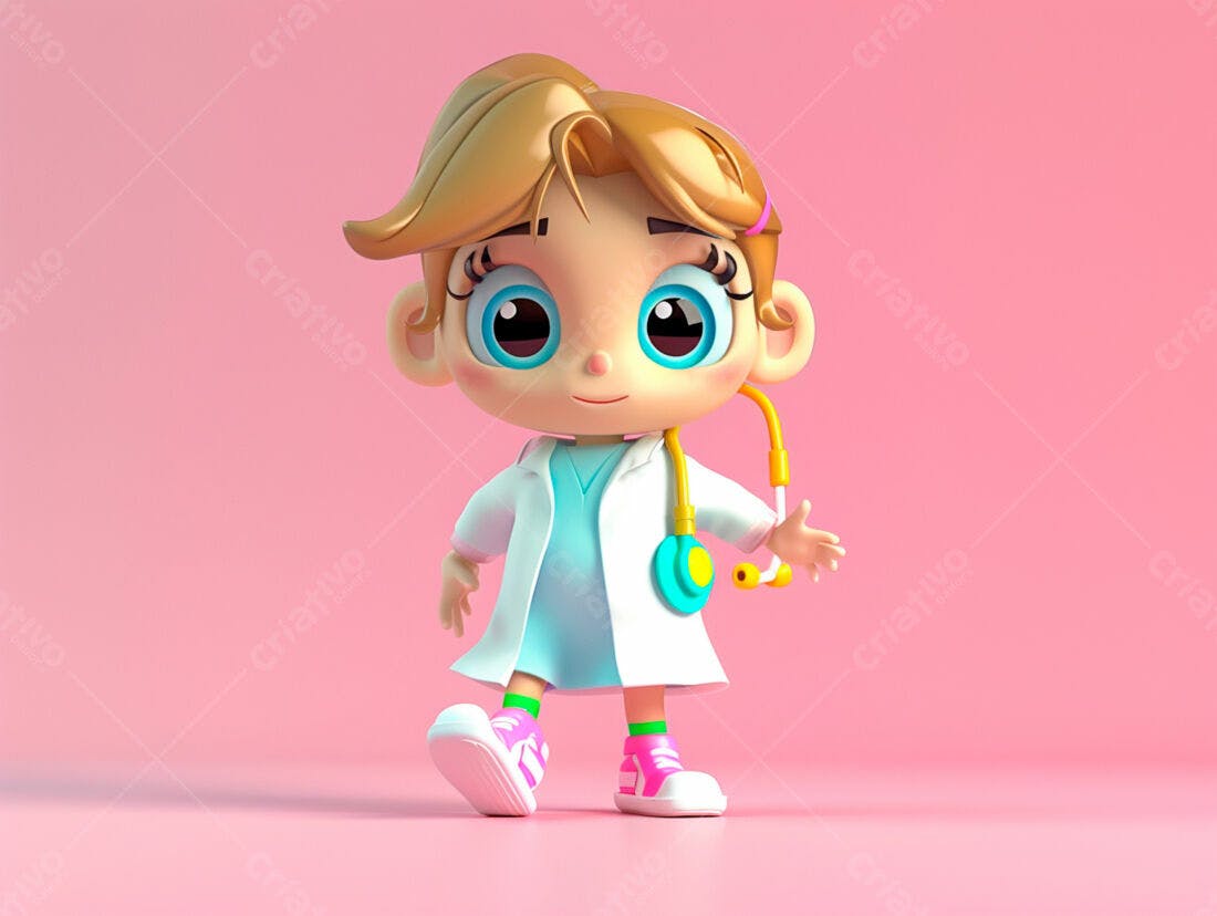 Menina médica 3D fofa em fundo rosa