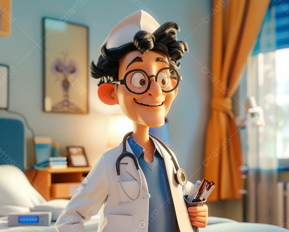 Médico Cartoon Sorrindo em Quarto de Hospital