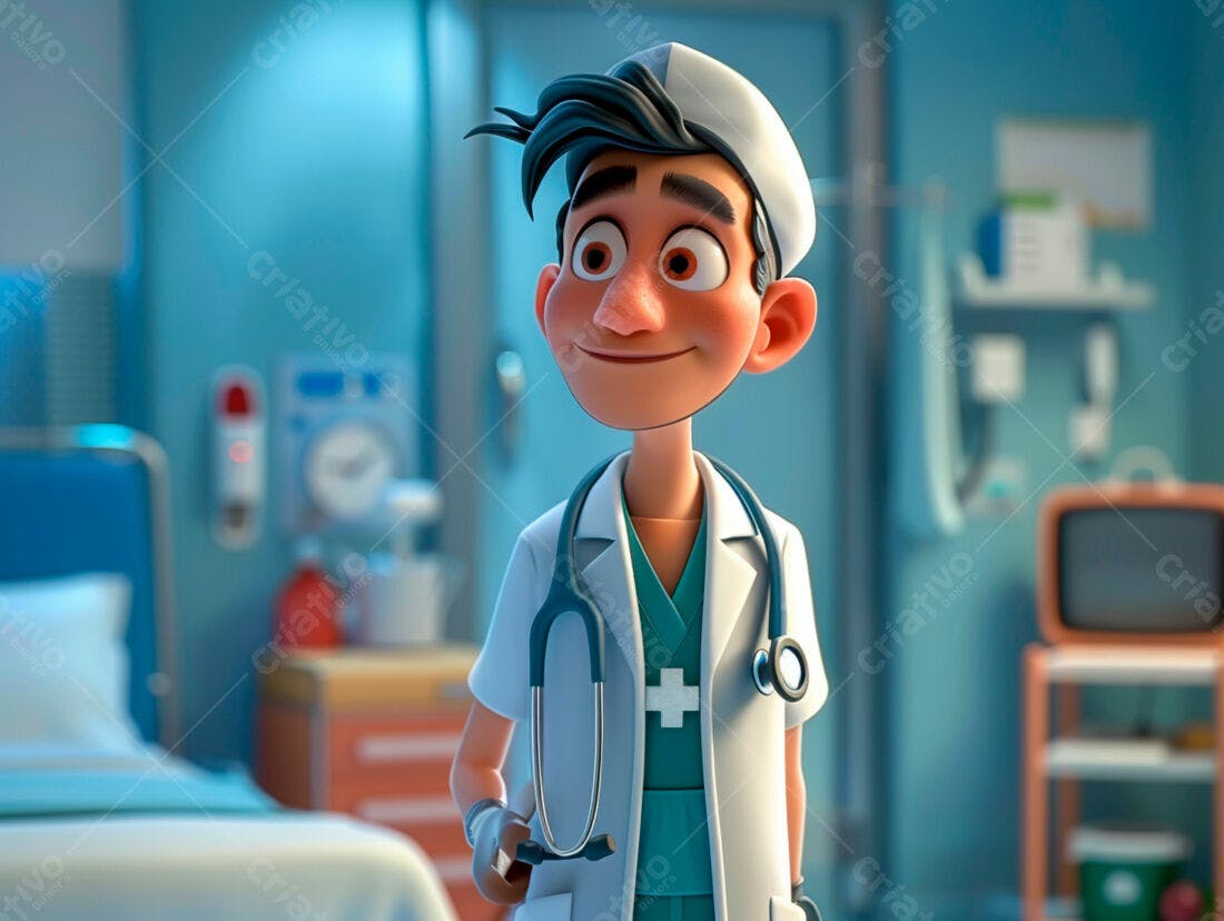 Médico animado em consultório azul