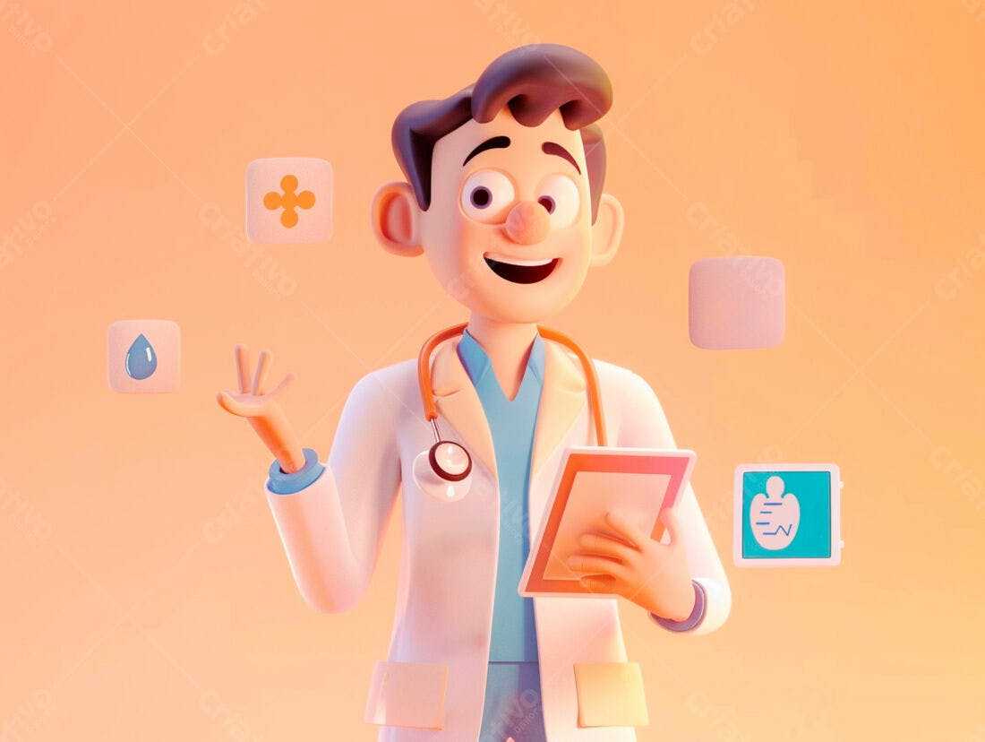 Médico 3D alegre com prontuário digital