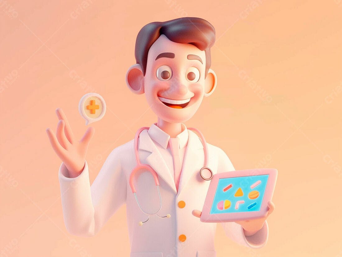 Médico 3D segurando tablet com pílulas