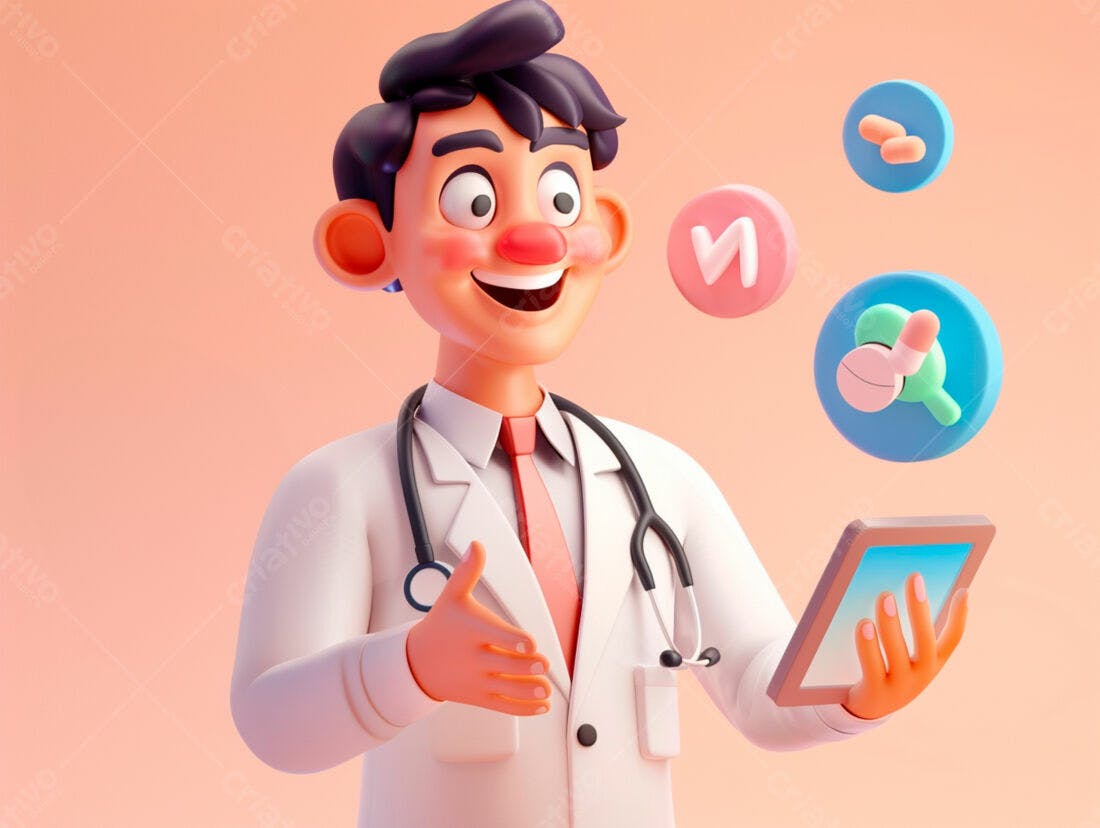 Médico 3D sorrindo com tablet e ícones
