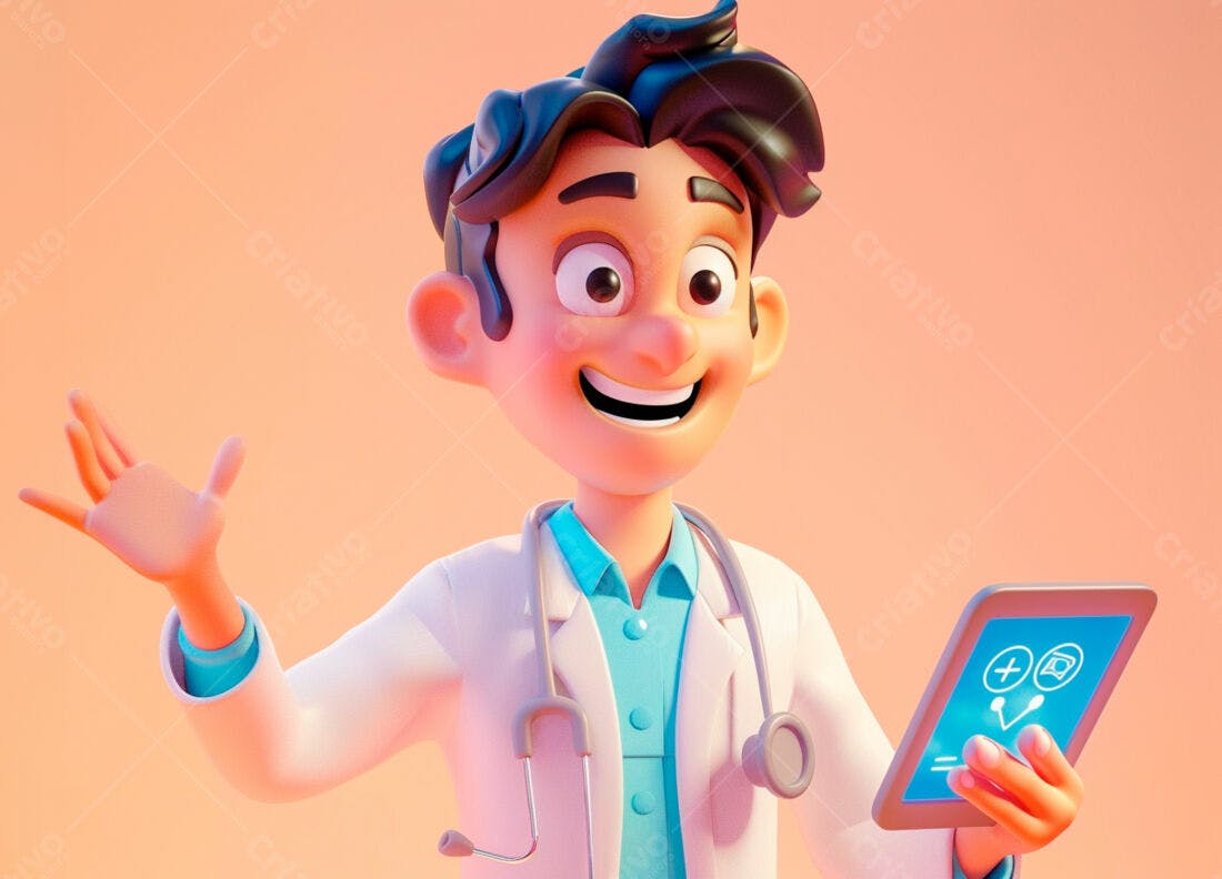 Médico 3D sorrindo com tablet