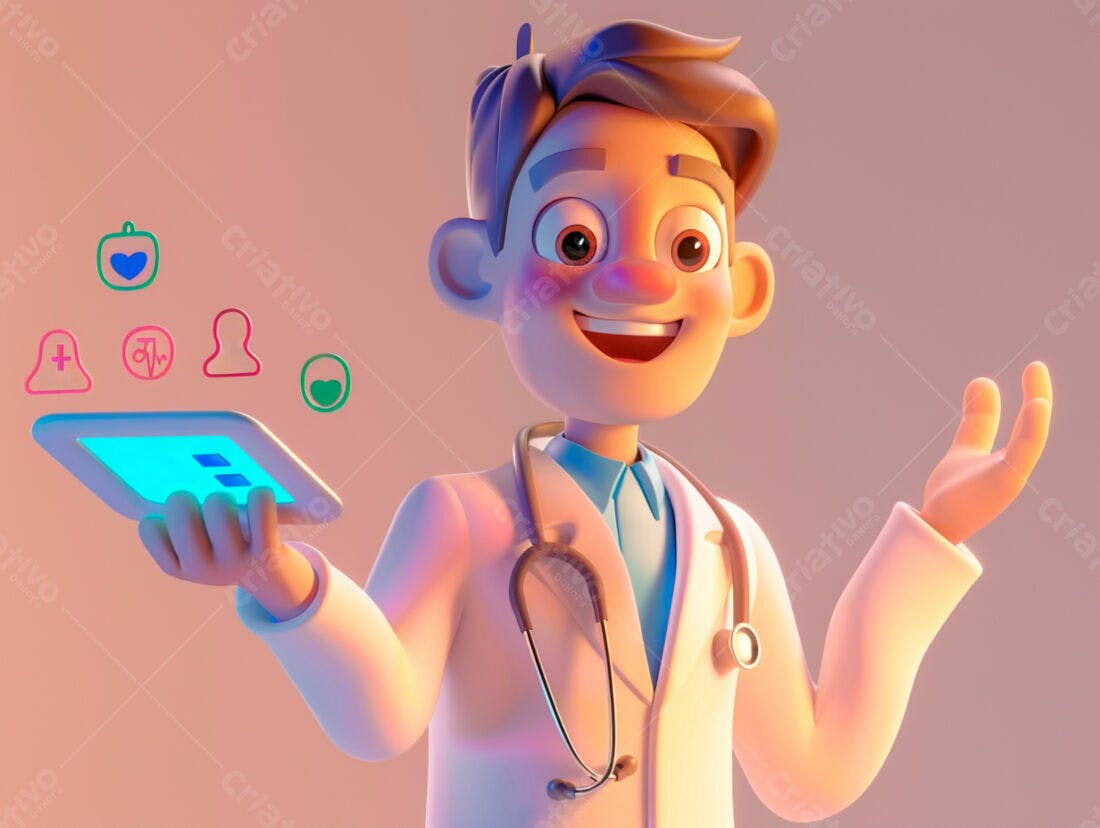 Médico digital com tablet e ícones de saúde
