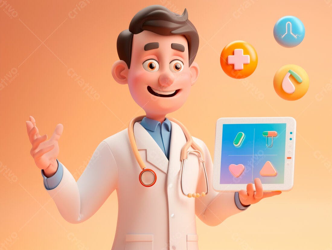 Médico cartum segurando tablet com ícones médicos